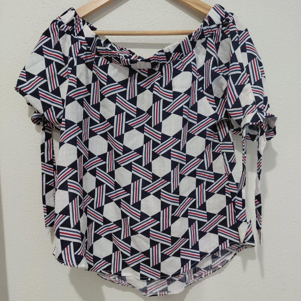 THML Geometric Print Top Blue Red White Size XS Scoop Neck Off Shoulder